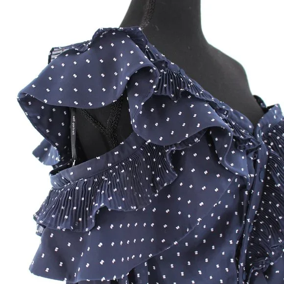 Self-Portrait Navy White Swiss Dot Plumetis Frilled One Shoulder Blouse Top 0 XS - Picture 3 of 9